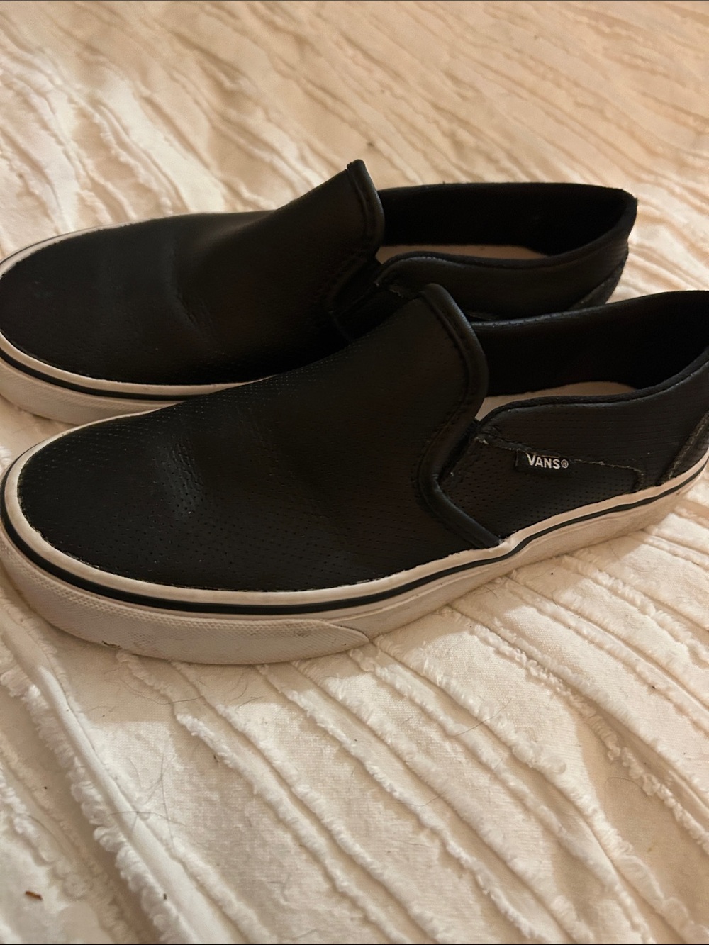 Vans Black Leather Slip-On Shoes with White Sole